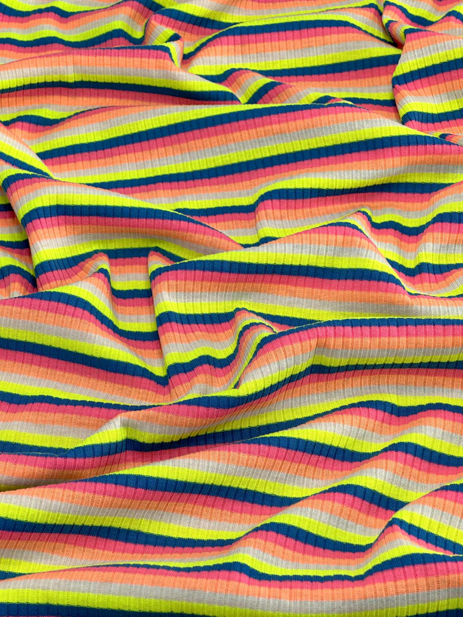 (COTTON RIB) NEON YELLOW, BLUE, PINK, ORANGE, AND OFF WHITE STRIPES