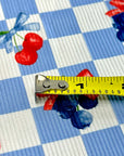 (2X2 YUMMY RIB) CHERRIES AND BLUEBERRIES WITH BOWS ON BLUE AND OFF WHITE CHECKERED