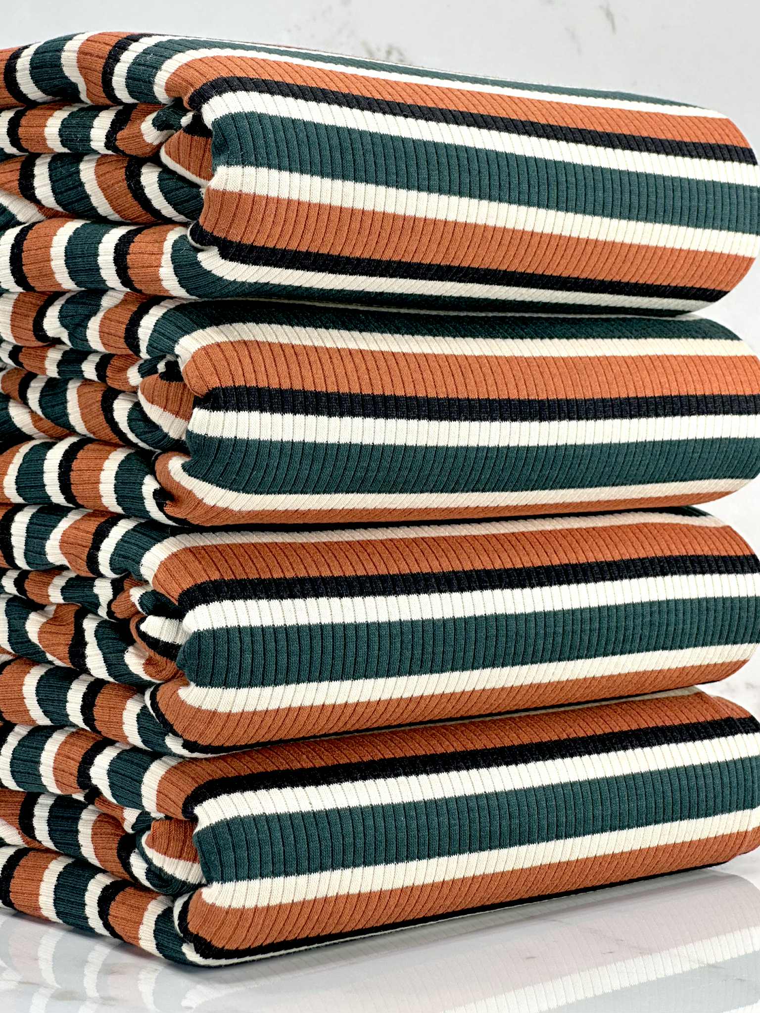 (COTTON RIB) DARK GREEN, BRIGHT RUST, BLACK, AND CREAM STRIPES