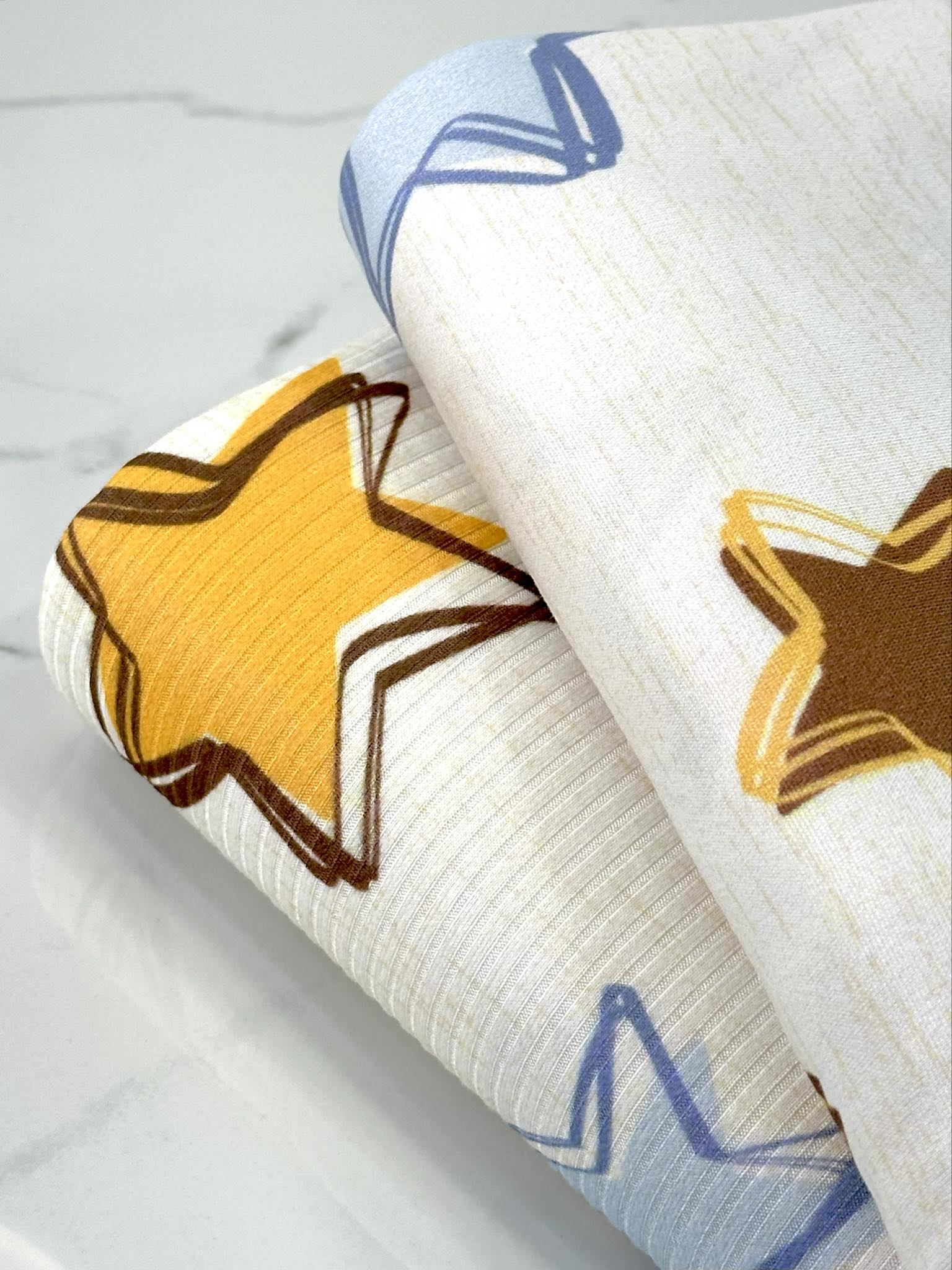 (DBP) BLUE, MUSTARD, AND BROWN STARS ON CREAM