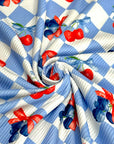 (2X2 YUMMY RIB) CHERRIES AND BLUEBERRIES WITH BOWS ON BLUE AND OFF WHITE CHECKERED