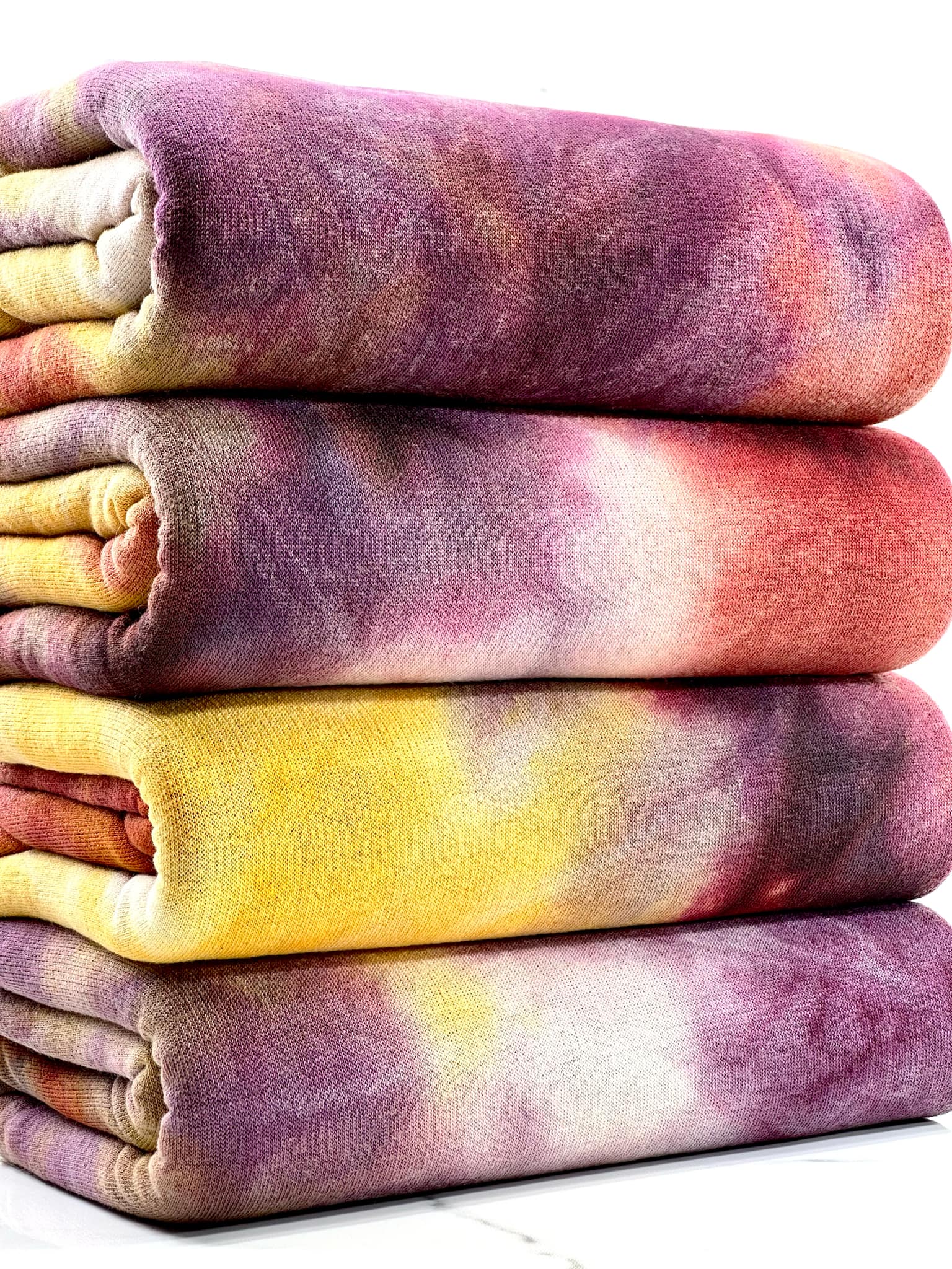 (FRENCH TERRY) EGGPLANT, BURGUNDY, AND MUSTARD TIE DYE