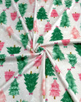 (4X2 RIB) PINK AND GREEN CHRISTMAS TREES WITH OFF WHITE BOWS ON LIGHT PINK