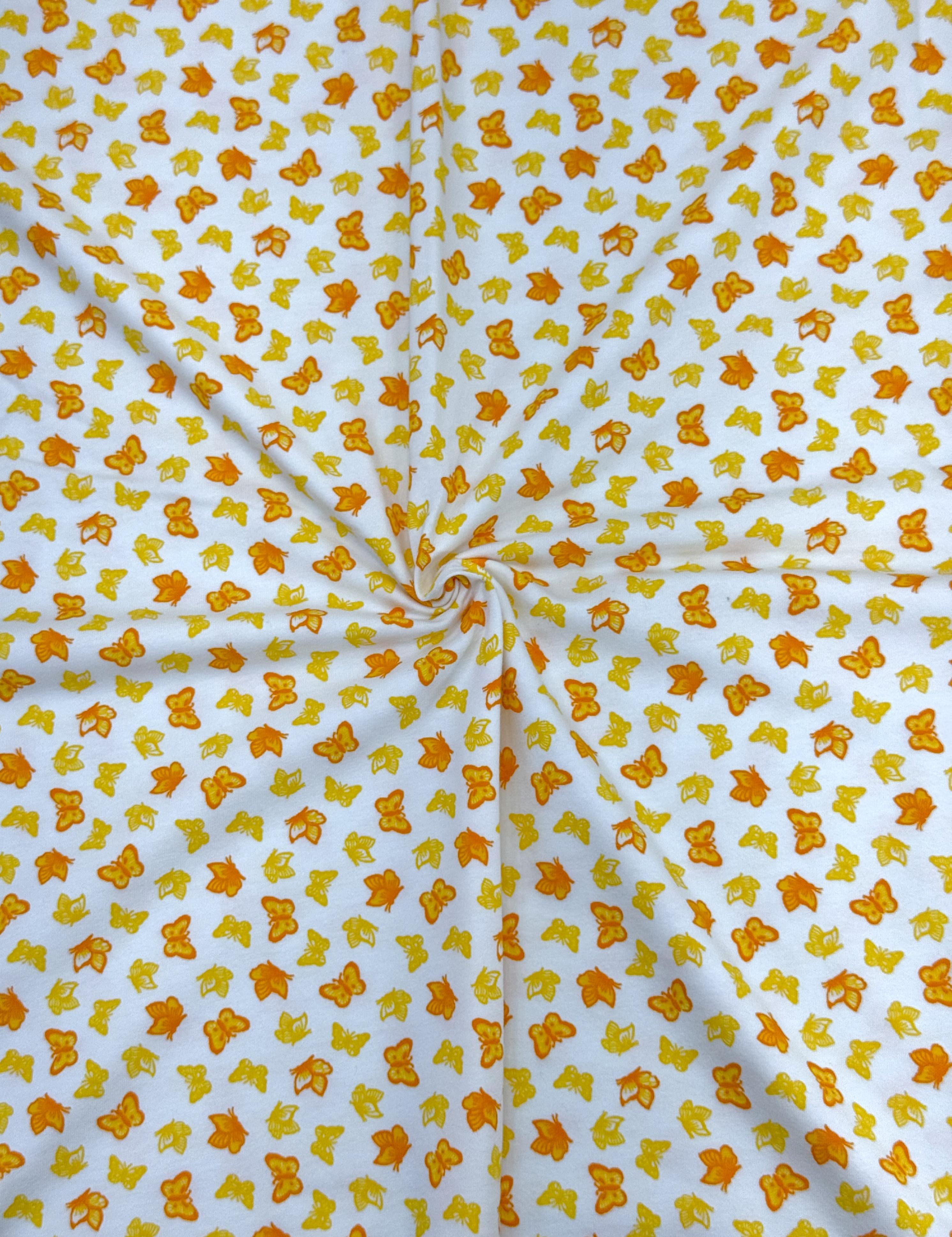 (COTTON SPANDEX) SMALL YELLOW AND ORANGE BUTTERFLIES ON OFF WHITE