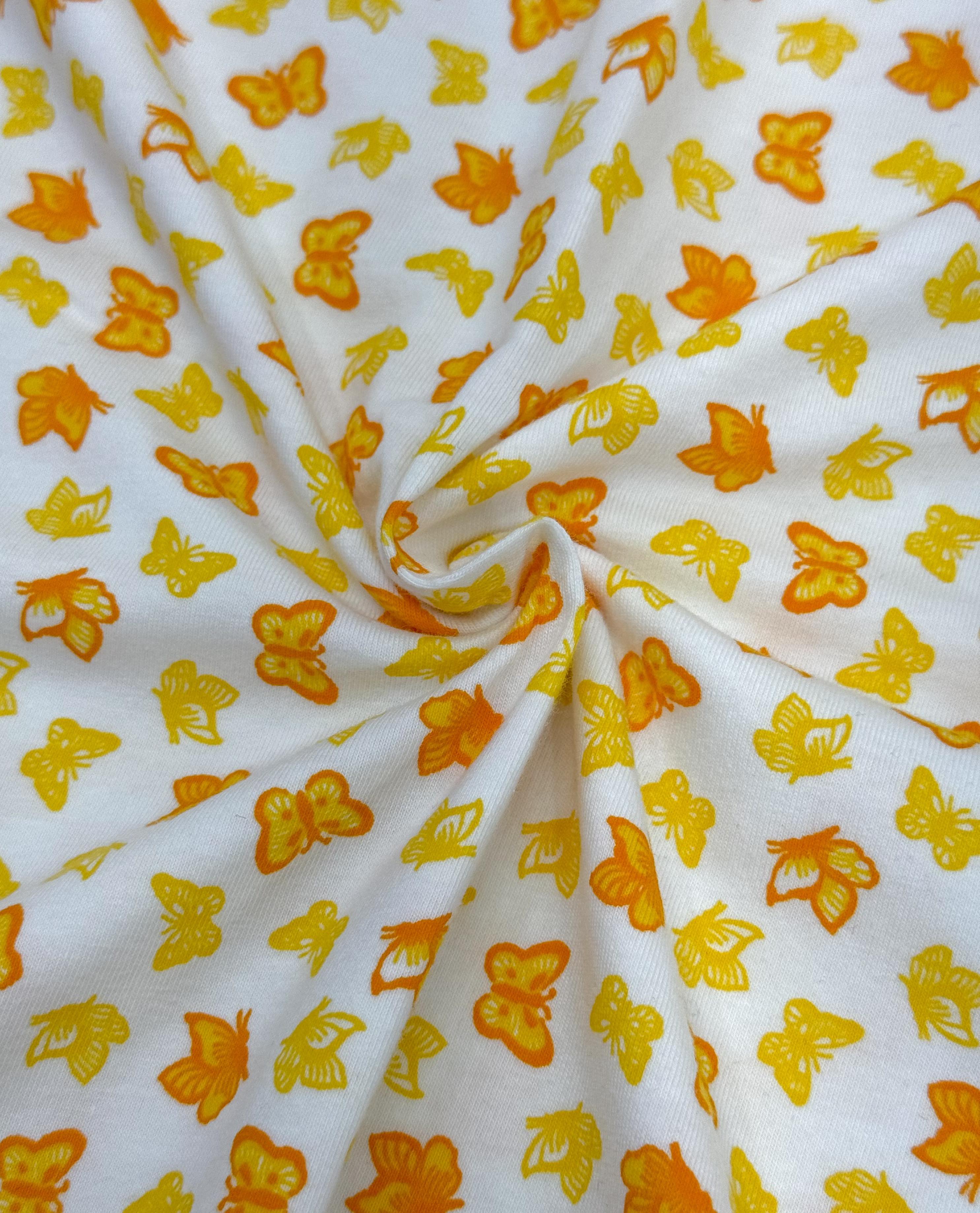 (COTTON SPANDEX) SMALL YELLOW AND ORANGE BUTTERFLIES ON OFF WHITE