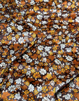 (VELVET) ORANGE AND OFF WHITE FLOWERS ON DARK BROWN