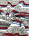 (SWEATER RIB) BURGUNDY, BLUE, AND OFF WHITE STRIPES ON HEATHER GRAY