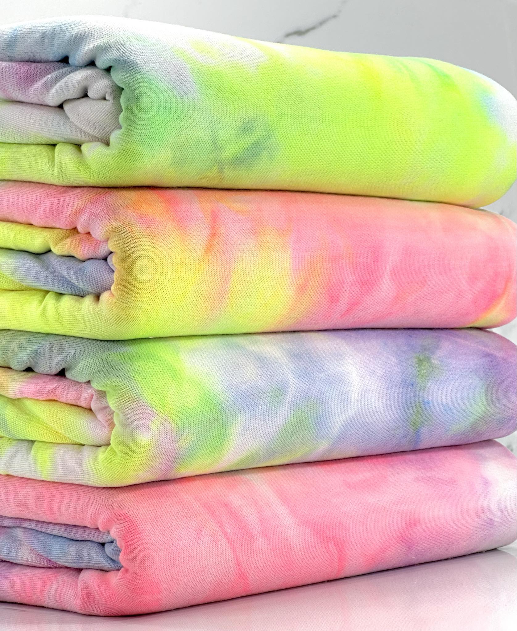 (FRENCH TERRY) LIME, PURPLE, PINK, AND SKY BLUE TIE DYE
