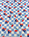 (2X2 YUMMY RIB) CHERRIES AND BLUEBERRIES WITH BOWS ON BLUE AND OFF WHITE CHECKERED