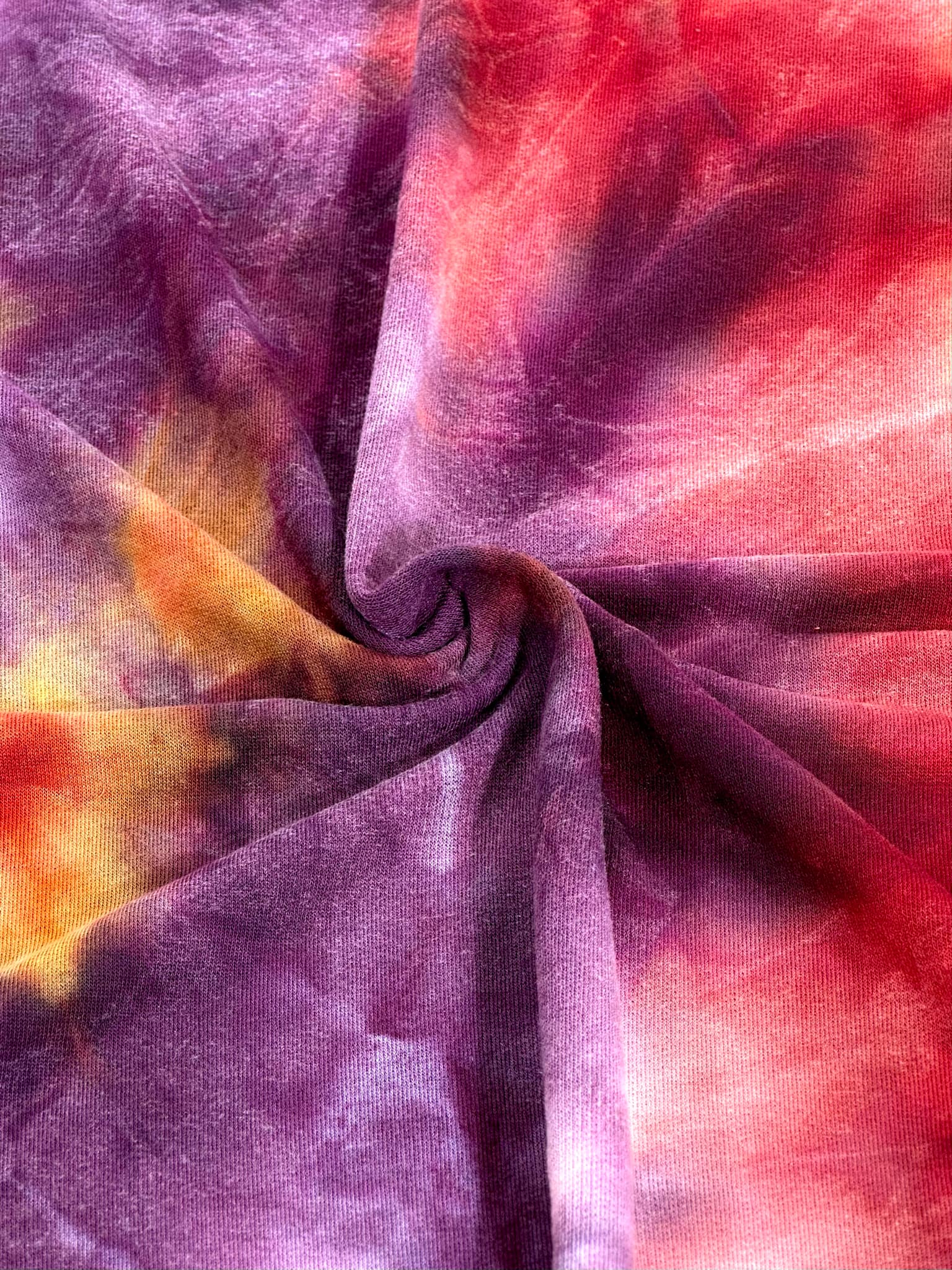 (FRENCH TERRY) EGGPLANT, BURGUNDY, AND MUSTARD TIE DYE