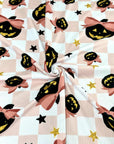 (YUMMY RIB) BLACK PUMPKINS WITH BOWS AND STARS ON LIGHT PINK CHECKERED (2)
