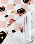 (YUMMY RIB) BLACK PUMPKINS WITH BOWS AND STARS ON LIGHT PINK CHECKERED (2)