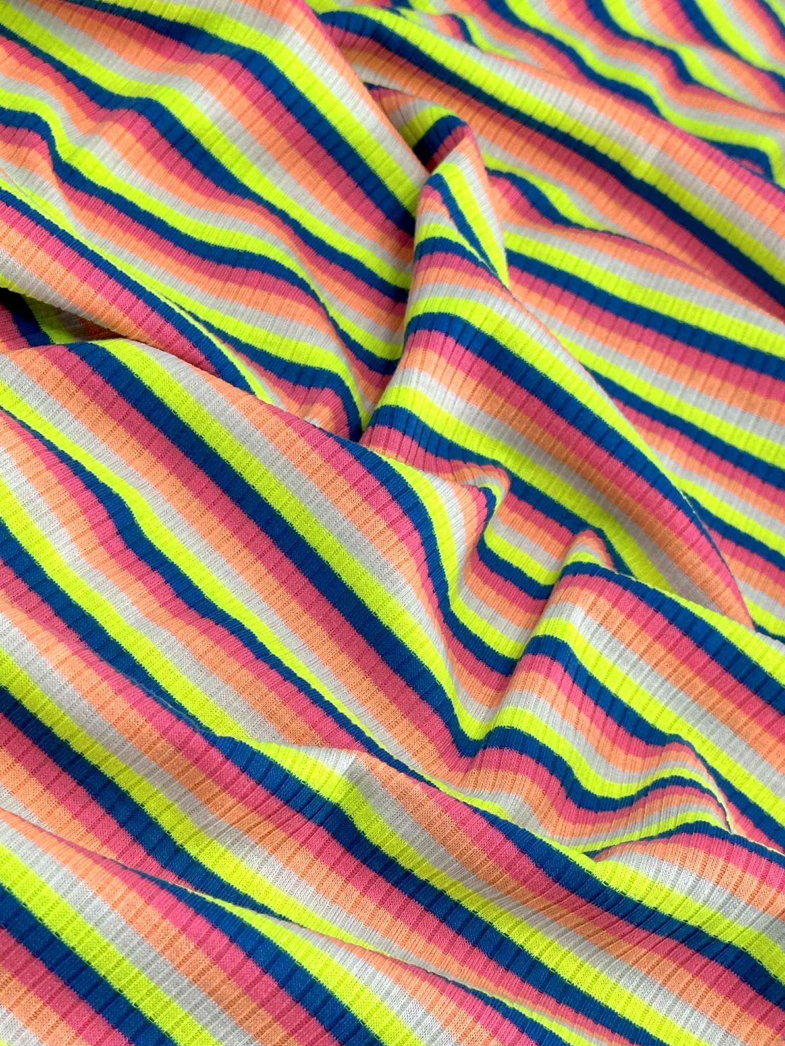 (COTTON RIB) NEON YELLOW, BLUE, PINK, ORANGE, AND OFF WHITE STRIPES