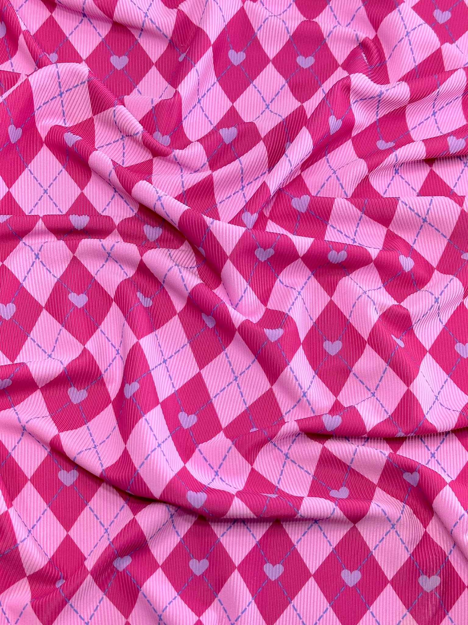 (SWIM RIB) LILAC HEARTS ON PINK AND HOT PINK DIAMOND PATTERN