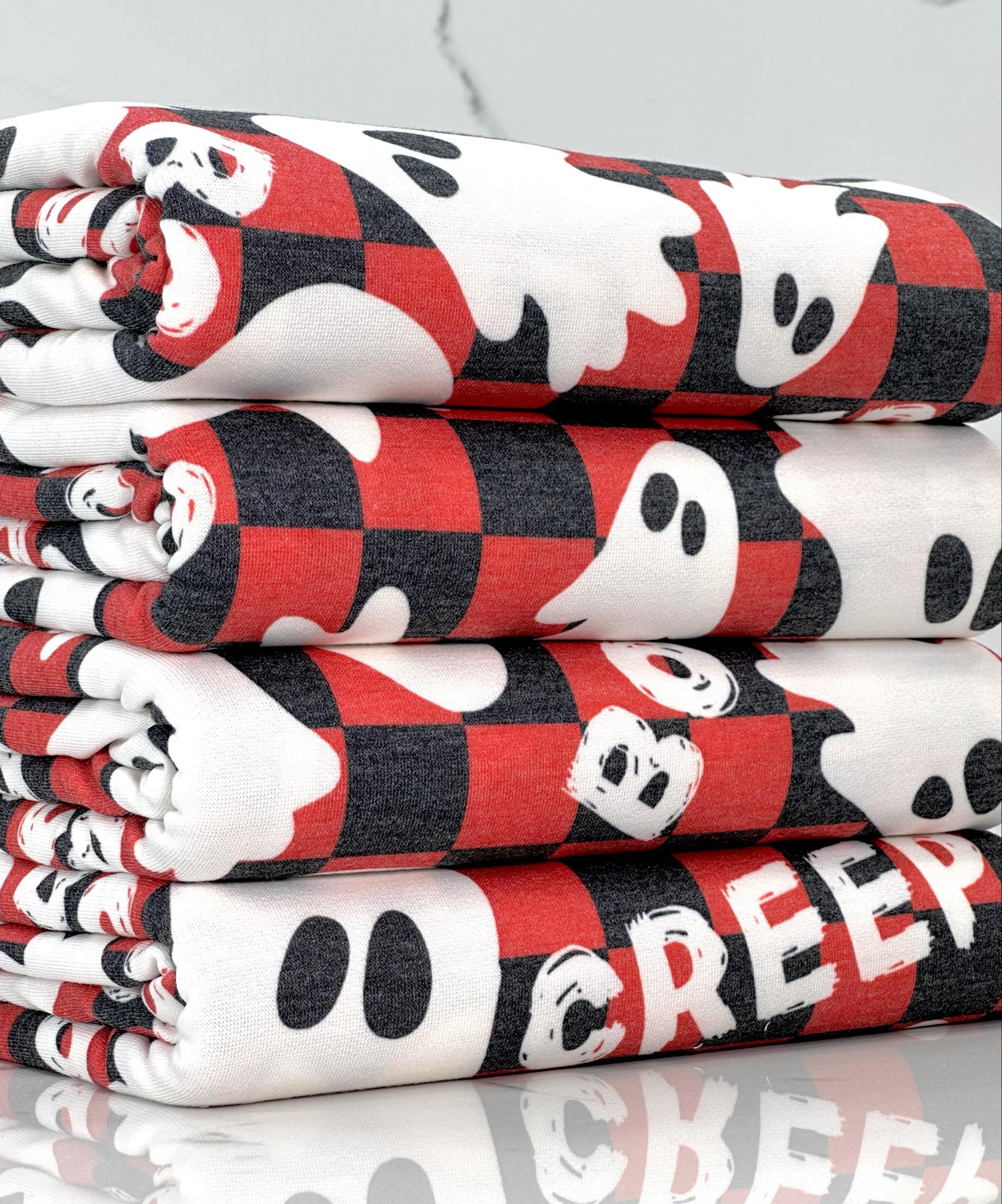 (FRENCH TERRY) GHOST ON RED AND BLACK CHECKERED PRINT