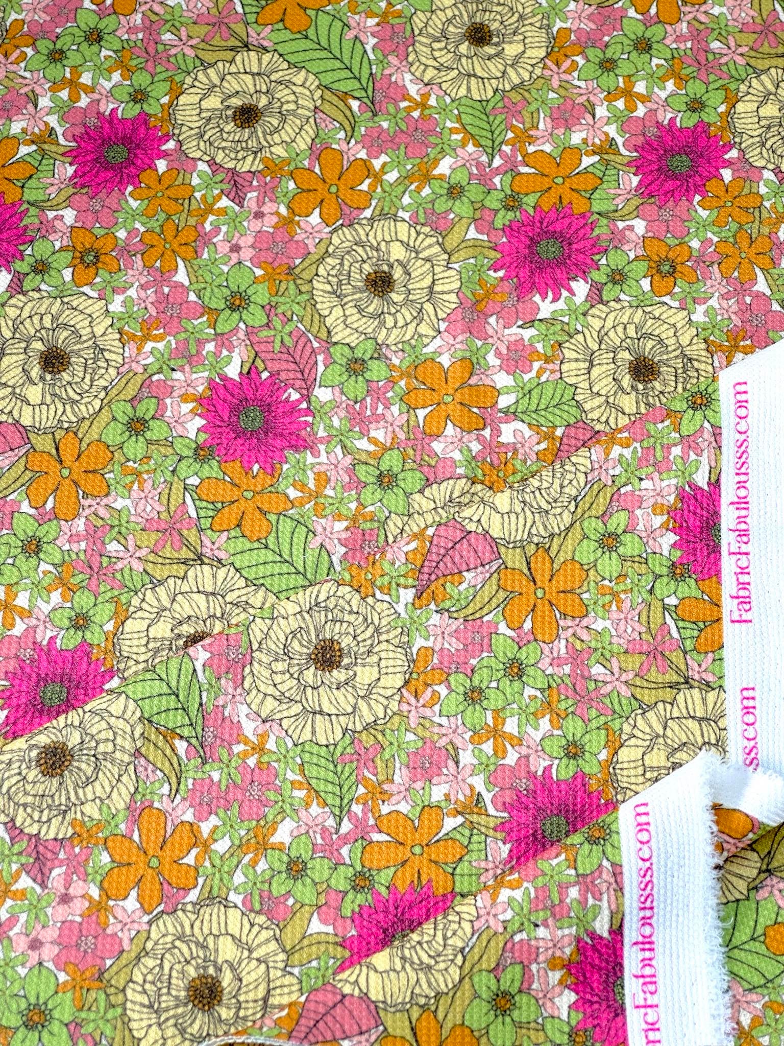 (THERMAL) PINK, YELLOW, GREEN, AND ORANGE FLOWERS ON OFF WHITE