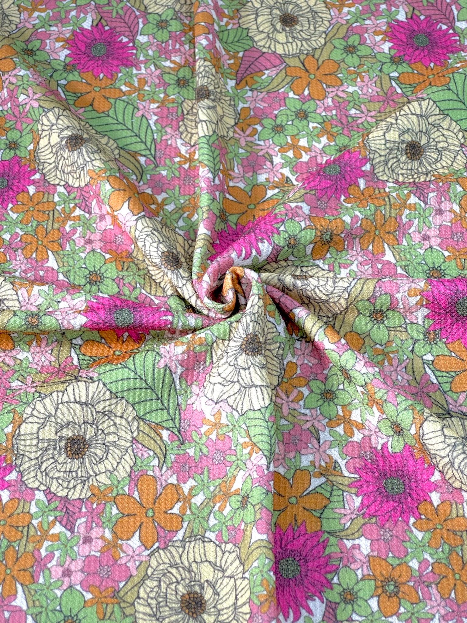 (THERMAL) PINK, YELLOW, GREEN, AND ORANGE FLOWERS ON OFF WHITE