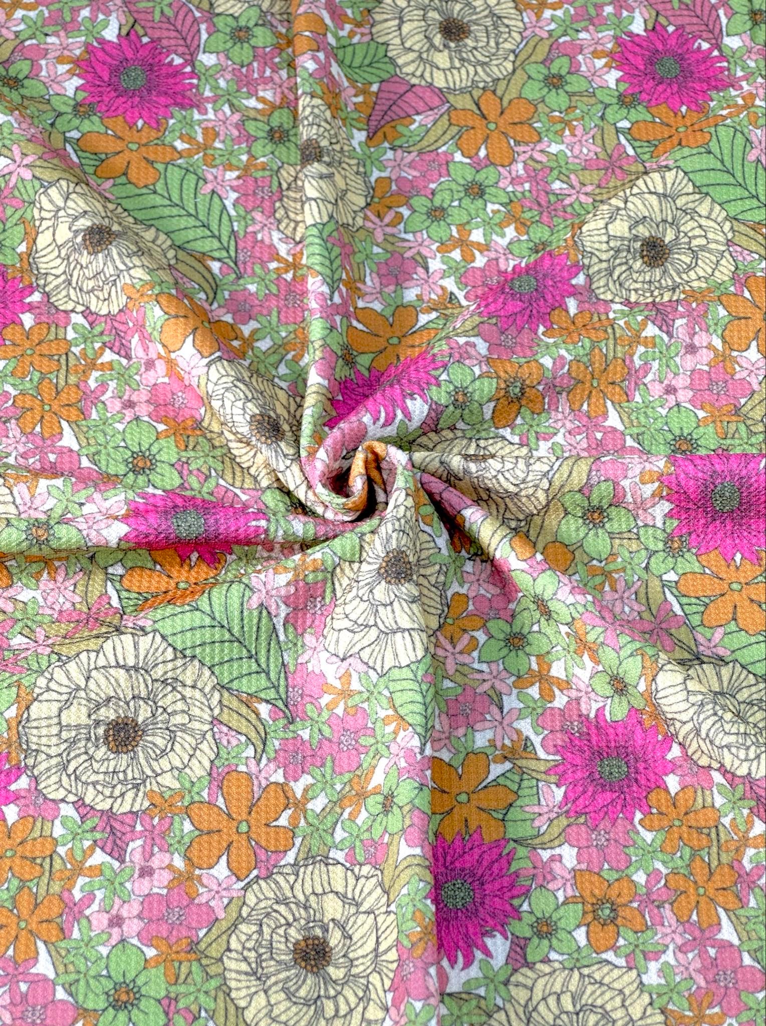 (THERMAL) PINK, YELLOW, GREEN, AND ORANGE FLOWERS ON OFF WHITE
