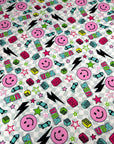 (YUMMY RIB) PINK HAPPY FACES AND SKATEBOARDS ON SILVER CHECKERED WAVE (1)