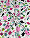 (YUMMY RIB) PINK HAPPY FACES AND SKATEBOARDS ON SILVER CHECKERED WAVE (1)