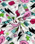 (YUMMY RIB) PINK HAPPY FACES AND SKATEBOARDS ON SILVER CHECKERED WAVE (1)