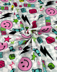 (YUMMY RIB) PINK HAPPY FACES AND SKATEBOARDS ON SILVER CHECKERED WAVE (1)
