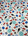 (YUMMY RIB) AQUA HAPPY FACES AND SKATEBOARDS ON CHECKERED WAVE (1)