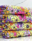 (YUMMY RIB) YELLOW, PURPLE, LILAC AND FUCHSIA FLOWERS ON LIME