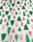 (4X2 RIB) PINK AND GREEN CHRISTMAS TREES WITH OFF WHITE BOWS ON LIGHT PINK