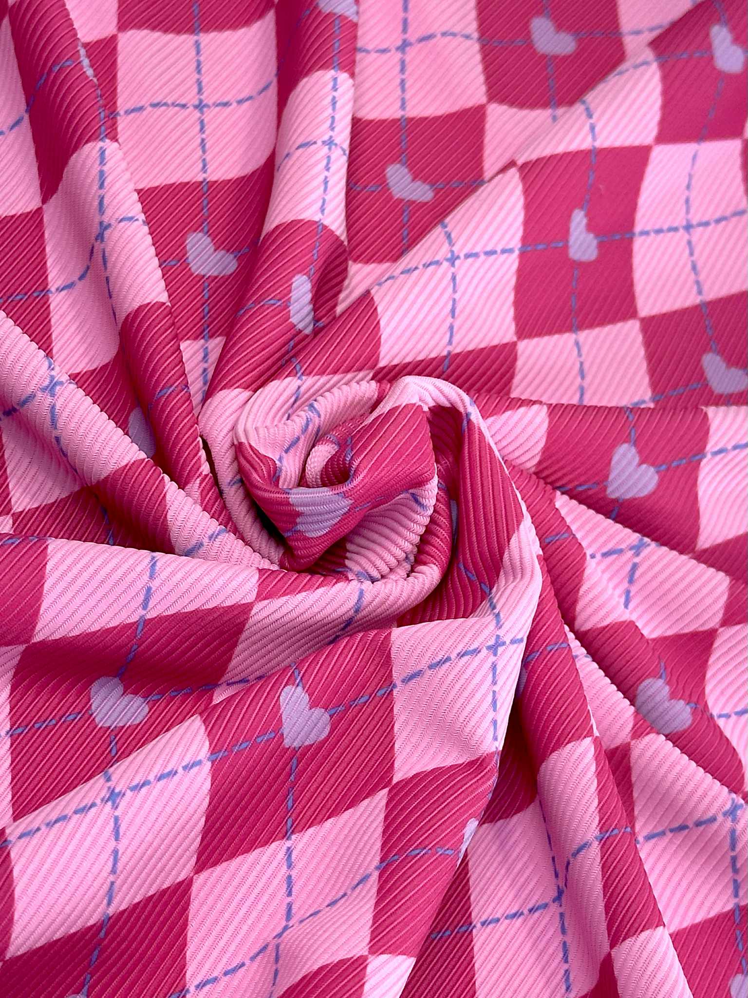 (SWIM RIB) LILAC HEARTS ON PINK AND HOT PINK DIAMOND PATTERN