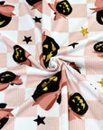 (YUMMY RIB) BLACK PUMPKINS WITH BOWS AND STARS ON LIGHT PINK CHECKERED (2)