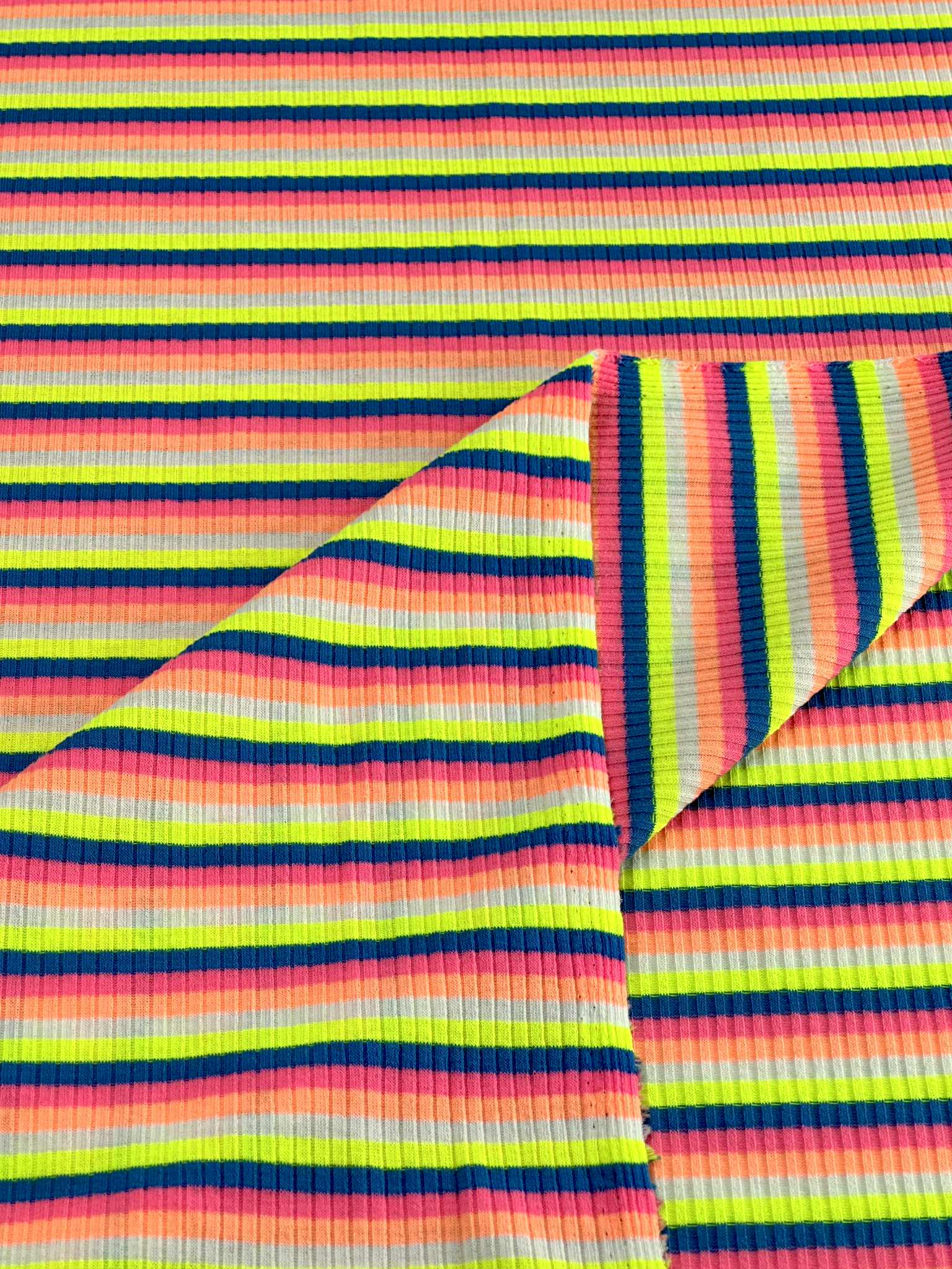 (COTTON RIB) NEON YELLOW, BLUE, PINK, ORANGE, AND OFF WHITE STRIPES