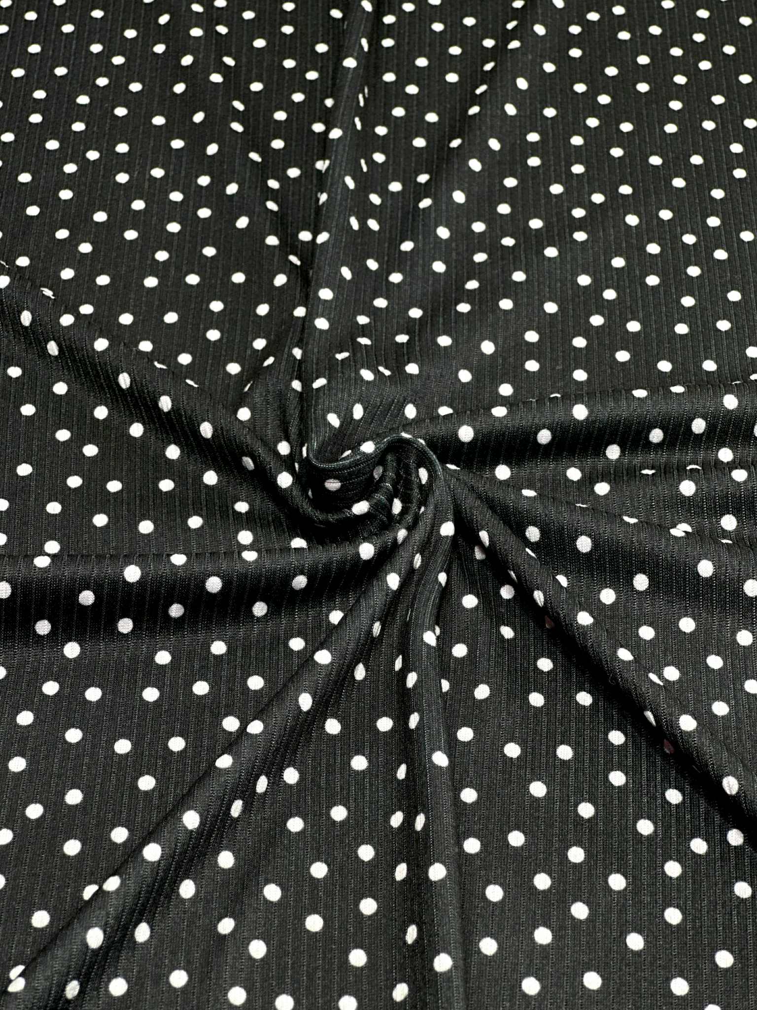 (4X2 RIB) TINY OFF WHITE POLKA DOTS ON BLACK