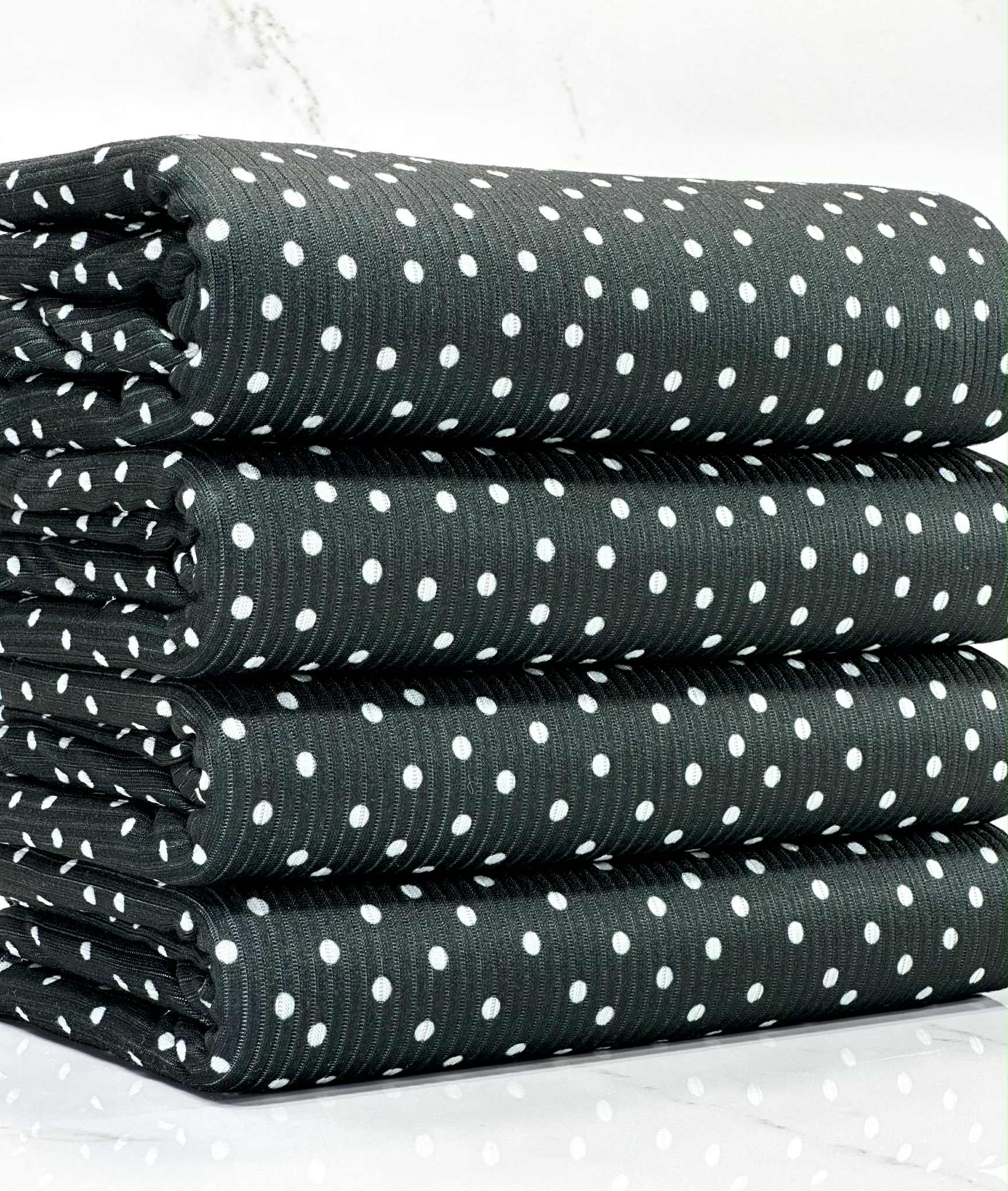(4X2 RIB) TINY OFF WHITE POLKA DOTS ON BLACK