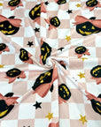 (YUMMY RIB) BLACK PUMPKINS WITH BOWS AND STARS ON LIGHT PINK CHECKERED (2)