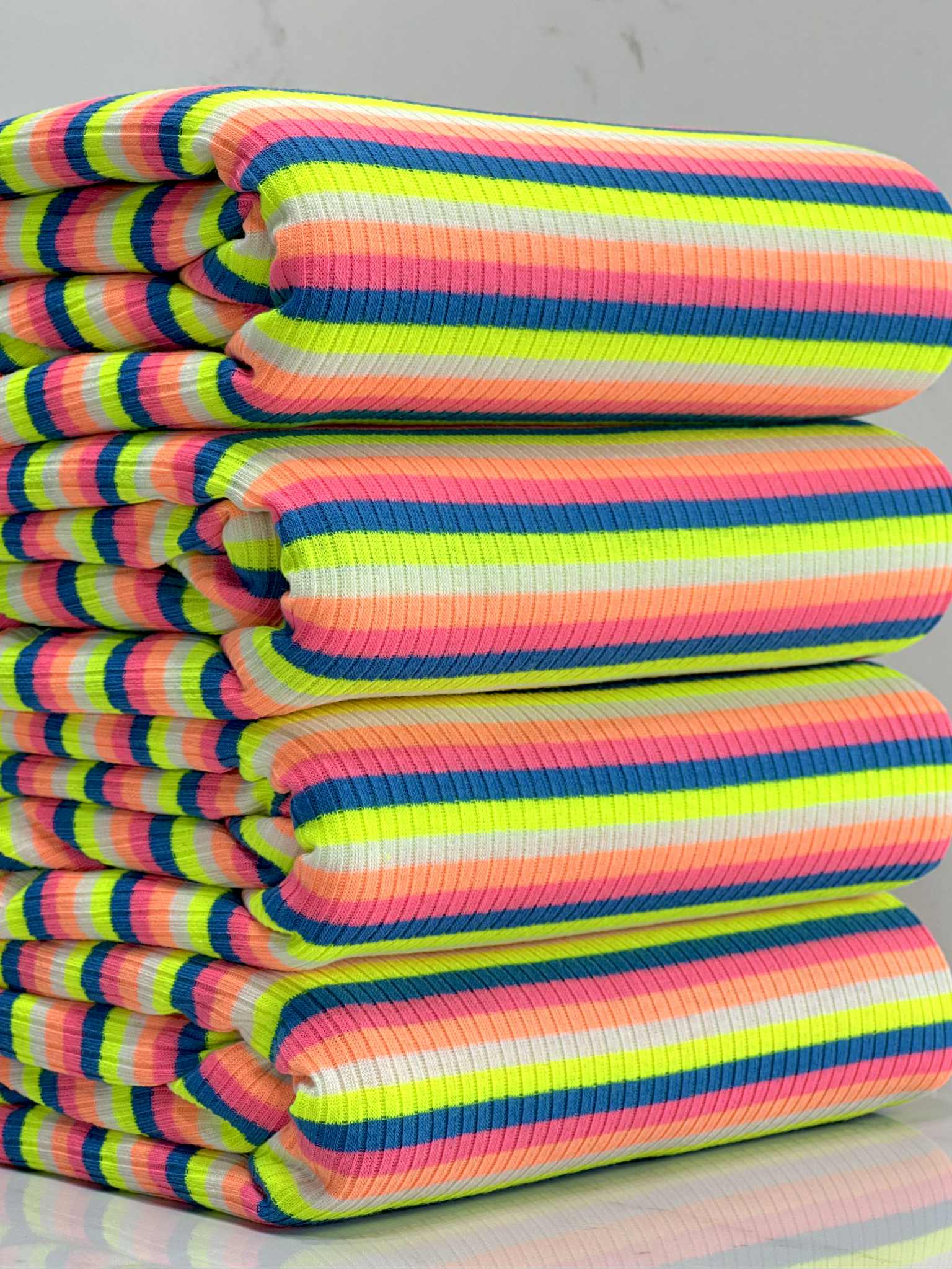 (COTTON RIB) NEON YELLOW, BLUE, PINK, ORANGE, AND OFF WHITE STRIPES
