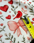 (2X2 BRUSHED RIB) HEARTS, BOWS, FLOWERS, AND RED BIRDS ON OFF WHITE