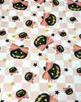 (YUMMY RIB) BLACK PUMPKINS WITH BOWS AND STARS ON LIGHT PINK CHECKERED (2)