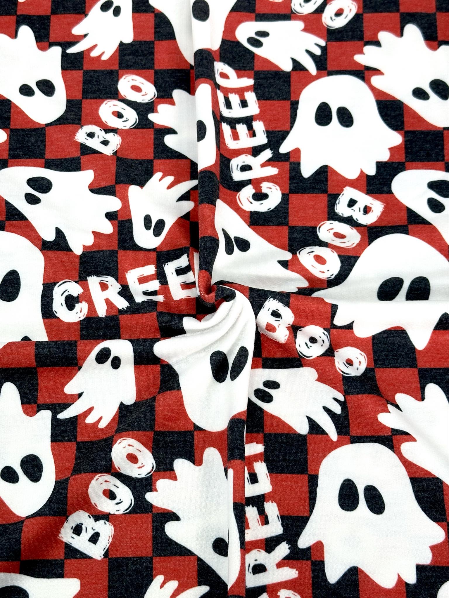 (FRENCH TERRY) GHOST ON RED AND BLACK CHECKERED PRINT