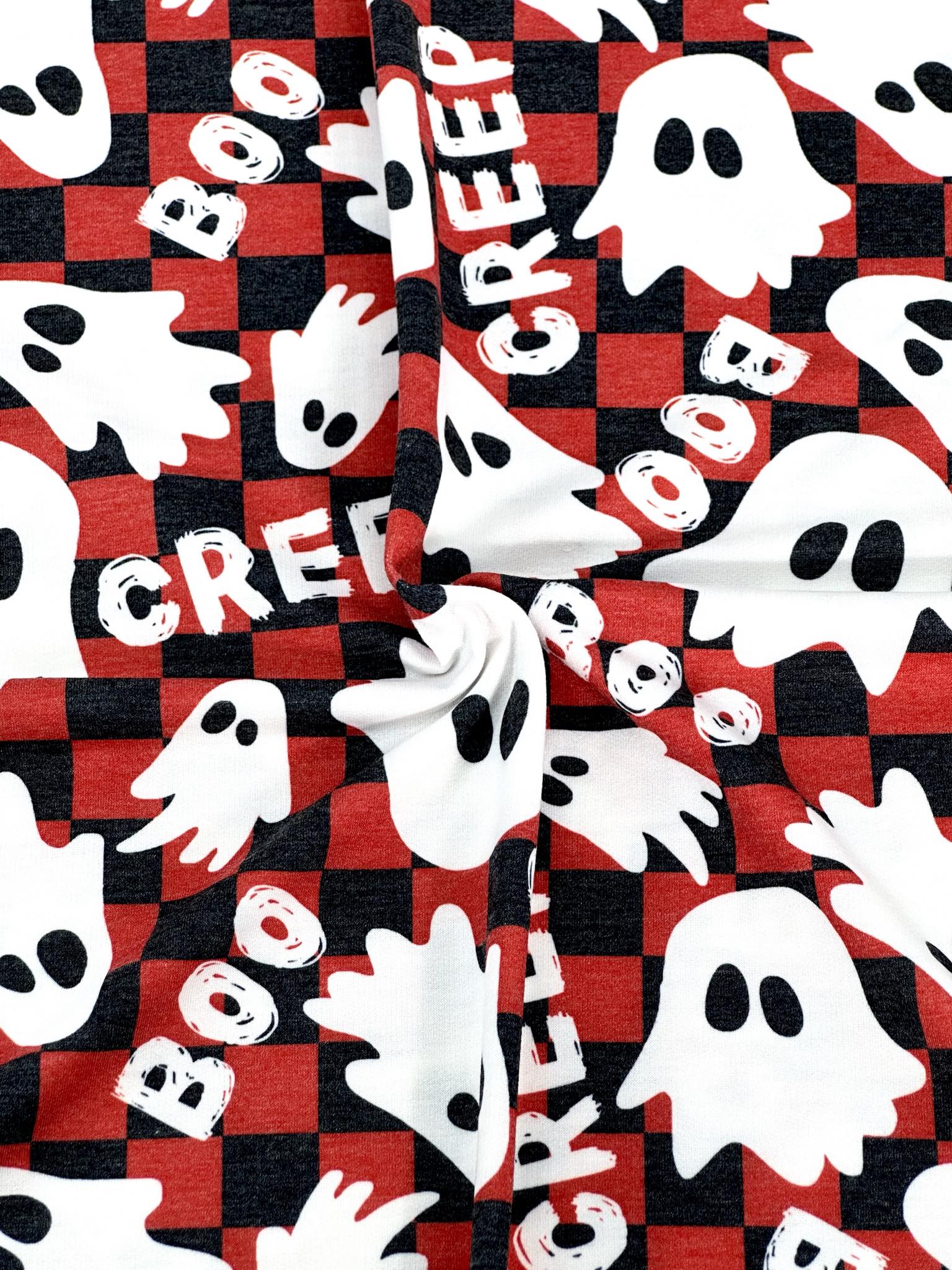 (FRENCH TERRY) GHOST ON RED AND BLACK CHECKERED PRINT
