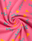 (HEAVY FRENCH TERRY) ORANGE TRIANGLES AND TURQUOISE SQUIGGLY ON PINK (2)