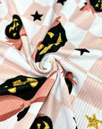 (YUMMY RIB) BLACK PUMPKINS WITH BOWS AND STARS ON LIGHT PINK CHECKERED (2)