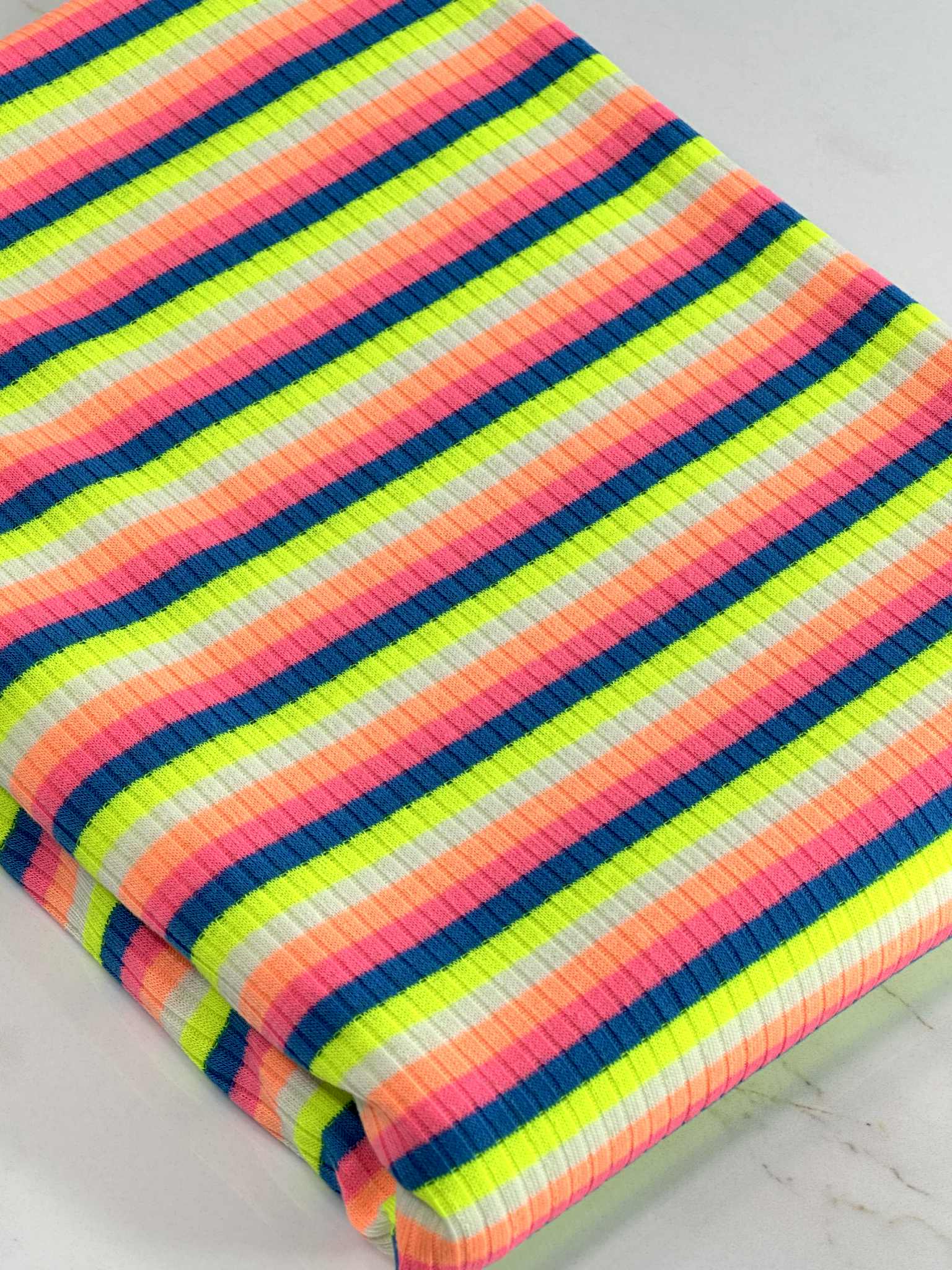 (COTTON RIB) NEON YELLOW, BLUE, PINK, ORANGE, AND OFF WHITE STRIPES