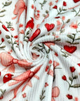 (2X2 BRUSHED RIB) HEARTS, BOWS, FLOWERS, AND RED BIRDS ON OFF WHITE
