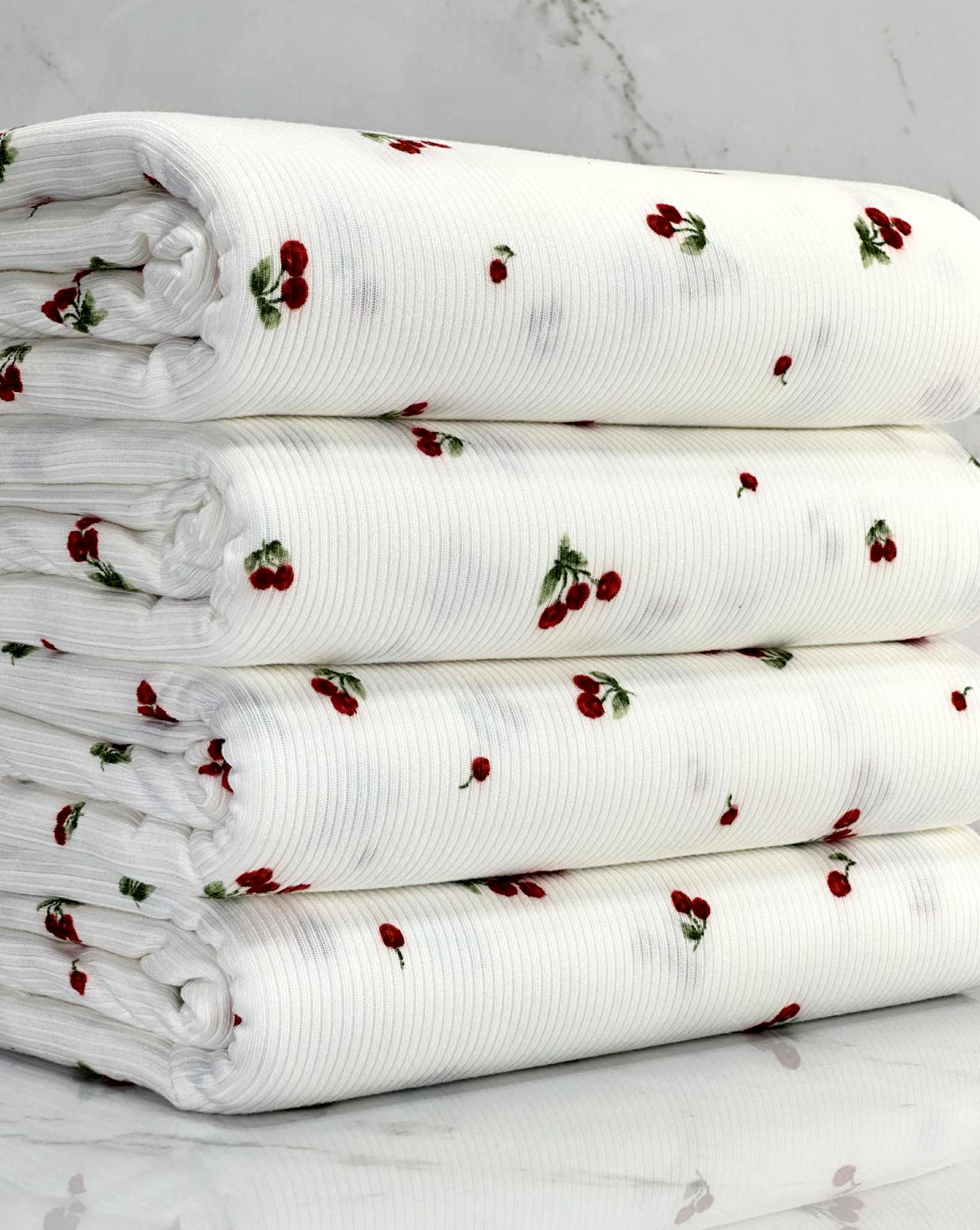 (2X2 RIB) TINY RED CHERRIES ON OFF WHITE