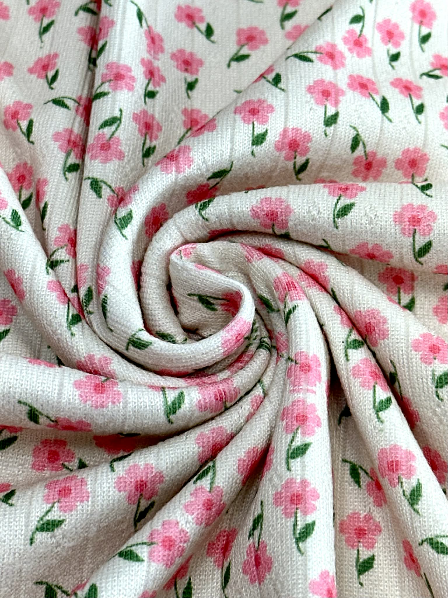 POINTELLE RIB) TINY PINK FLOWERS ON CREAM (4) – Fabricfabulouss