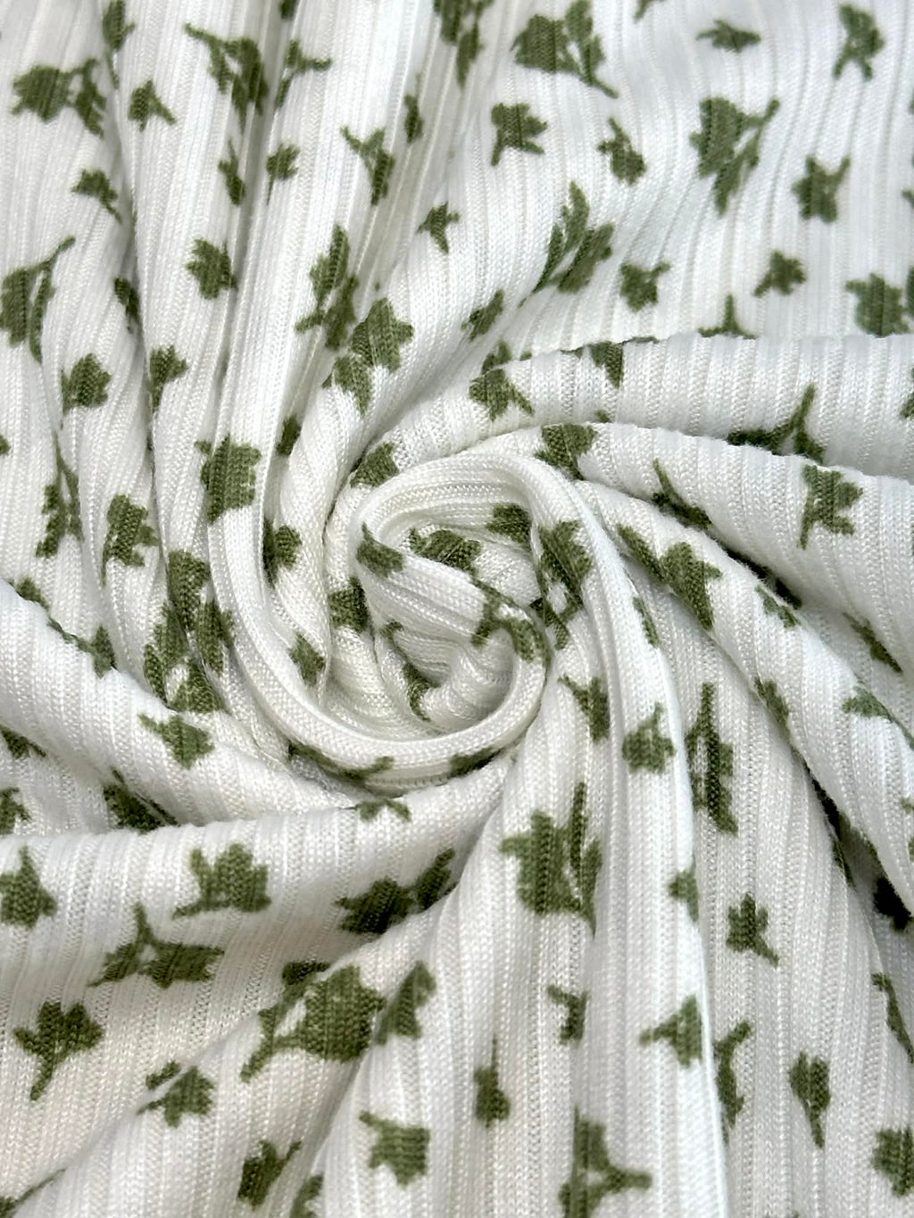 (4X2 YUMMY RIB) TINY OLIVE FLOWERS ON OFF WHITE
