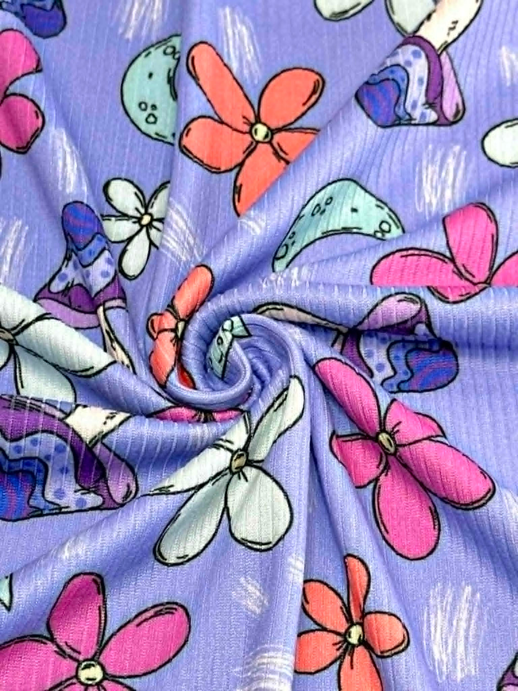 (4X2 YUMMY RIB) MUSHROOMS AND FLOWERS ON BLUE