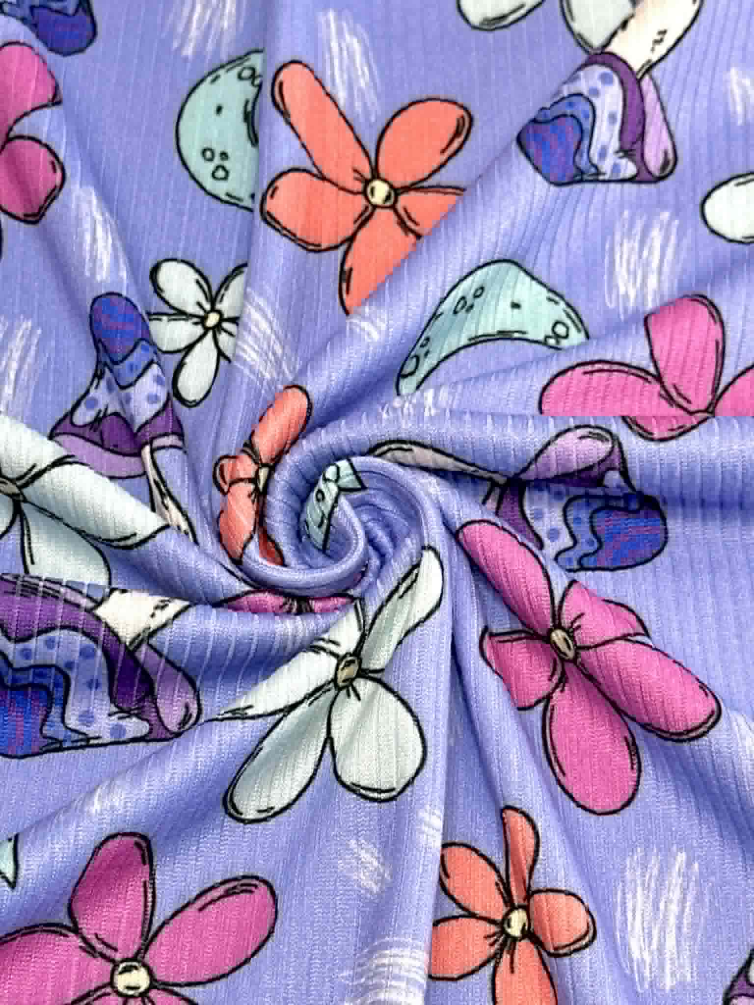 (4X2 YUMMY RIB) MUSHROOMS AND FLOWERS ON BLUE