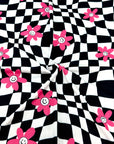 (YUMMY RIB) PINK, WHITE HAPPY FACE FLOWERS ON BLACK CHECKERED WAVE